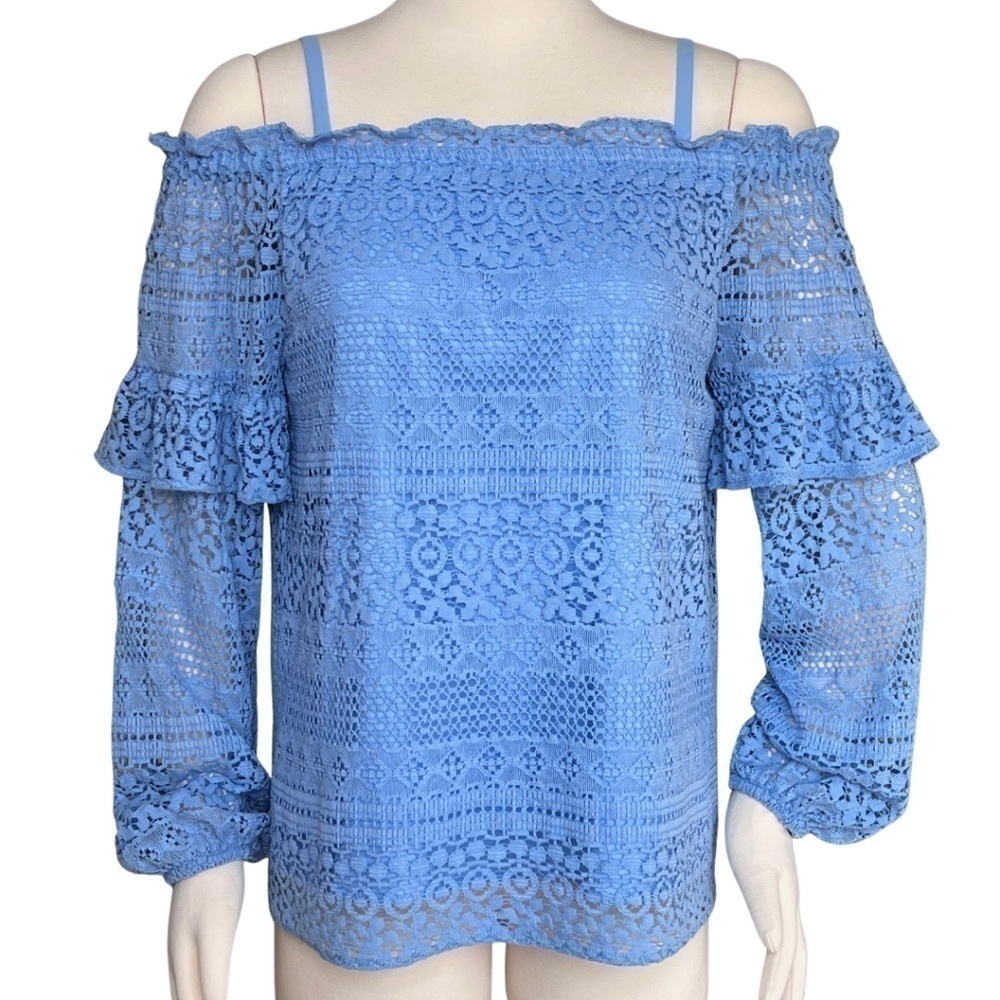 Parker "Jordana" Off Shoulder Boho Style Eyelet Lace Top Powder Blue Size Large - Picture 5 of 8